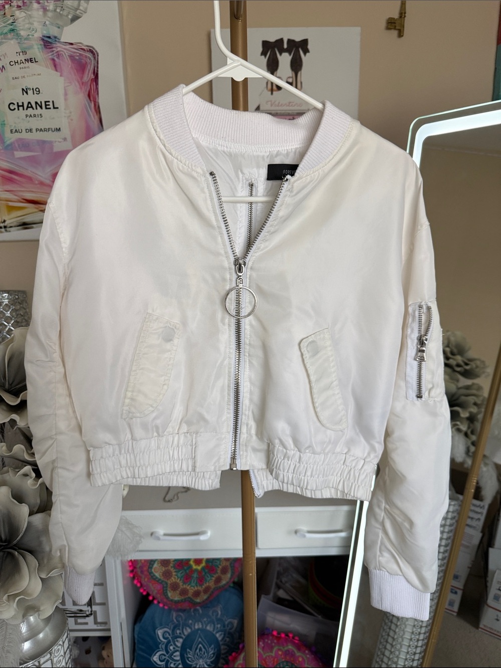 Forever 21 White Cropped Bomber Jacket